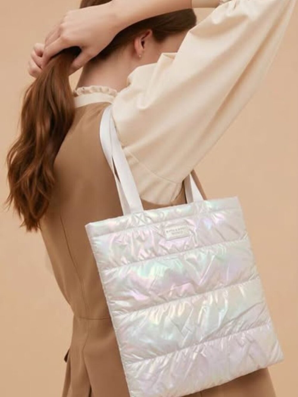 Iridescent White Quilted Puffer Tote Bag Large New 18.5"x16.5"